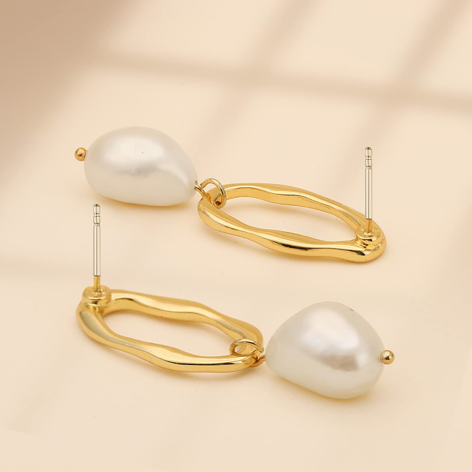 SPECCI 18K Gold Plated Pearl Dangle Earrings, Baroque Pearl Drop Earrings, Trendy Pearl Dangle Hoop Earrings for Women Girls