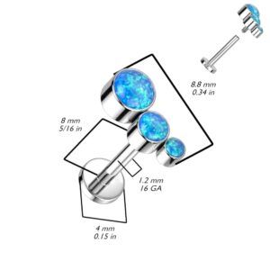 Pierced Owl 16GA G23 Implant Grade Titanium Descending Bezel Set Triple Opal Curved Internally Threaded Stud (Blue)