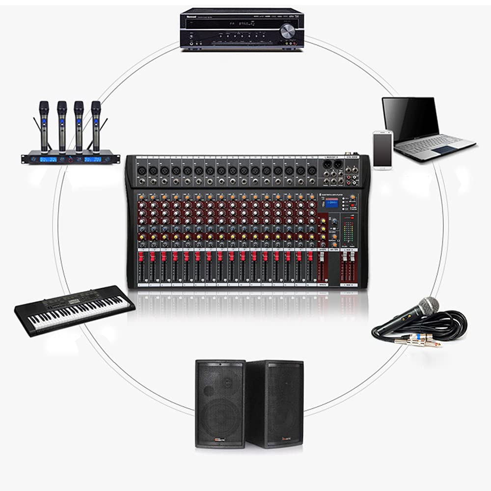 KinHall 16 Channel Professional Bluetooth Live Studio Audio Mixer Power Mixing Console, Professional Audio Mixer Soundboard Console Desktop, Connect Wired/Wireless/Condenser Microphone