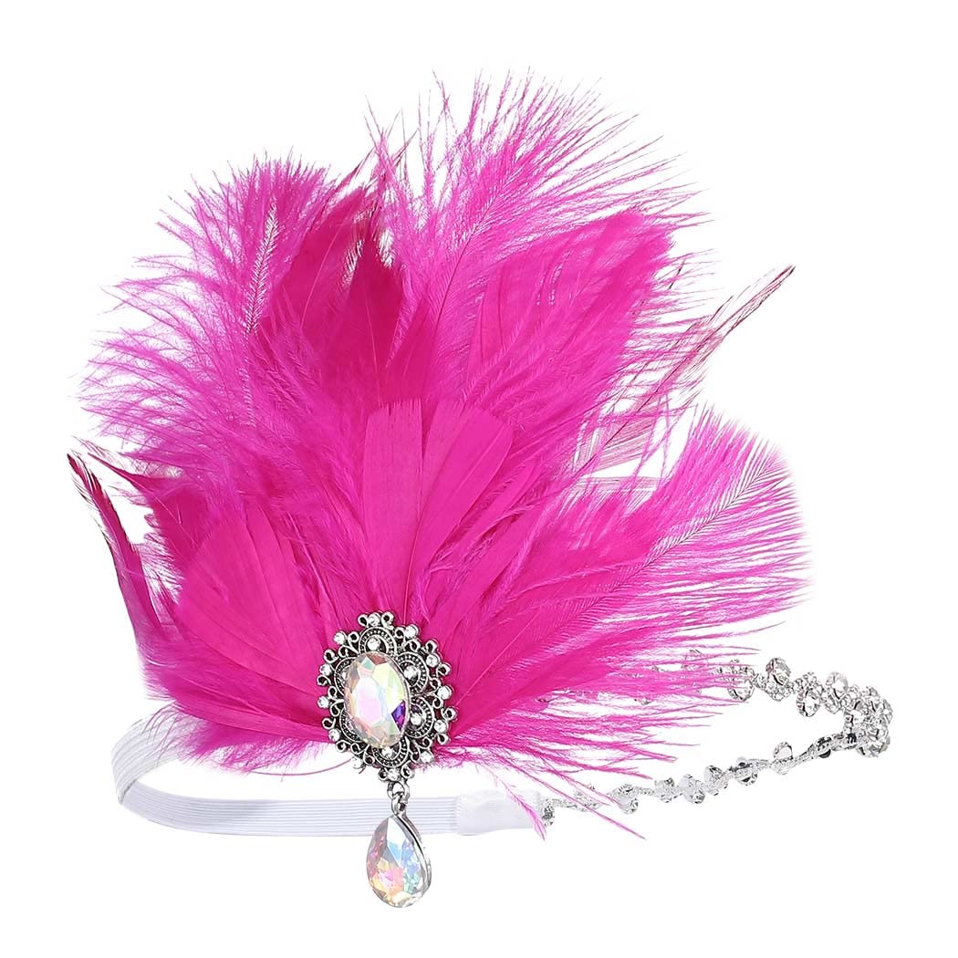 GENBREE 1920s Flapper Headpiece Rose Red Feather Headband Rhinestone Headbands Prom Party Hair Accessories for Women