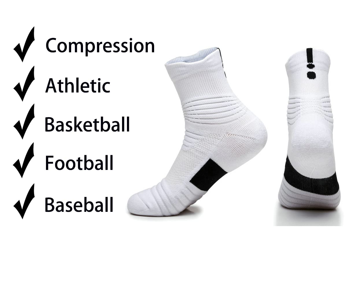 Yoknatt White Performance Ankle Athletic Socks Youth Basketball Socks for Mens Boys Womens Crew Socks Cushion Sports Cycling Basketball Compression Socks 3 Pack