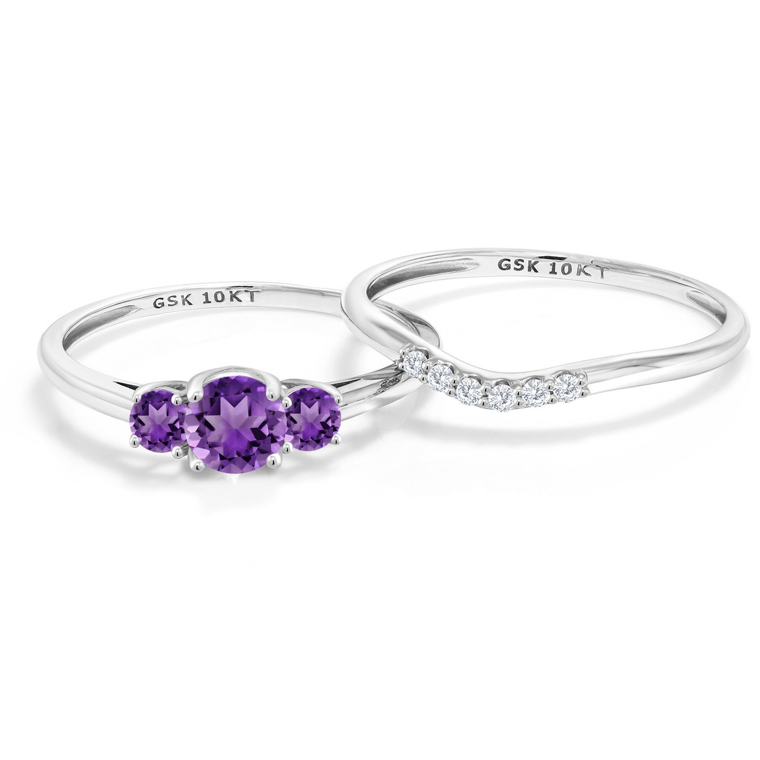 Gem Stone King 10K White Gold Purple Amethyst and White Lab Grown Diamond Engagement Ring | 3-Stone Bridal Wedding Ring Set For Women | 0.72 Cttw | Available in Size 5,6,7,8,9