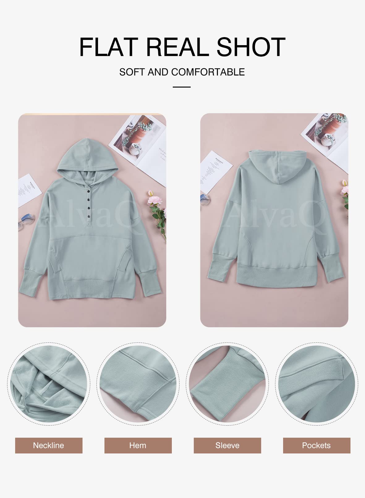 AlvaQ Womens Oversized Half Button Hoodie Sweatshirt Casual Ribbed Long Sleeves Pullover Tunic Top Fashion 2024 Gray Large