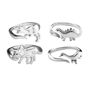 sterling silver cute dinosaur ring sets silver band ring stackable finger rings sliver rings adjustable minimalist rings tiny dragon rings for women men jewelry gifts toddler ring (silver, one size)