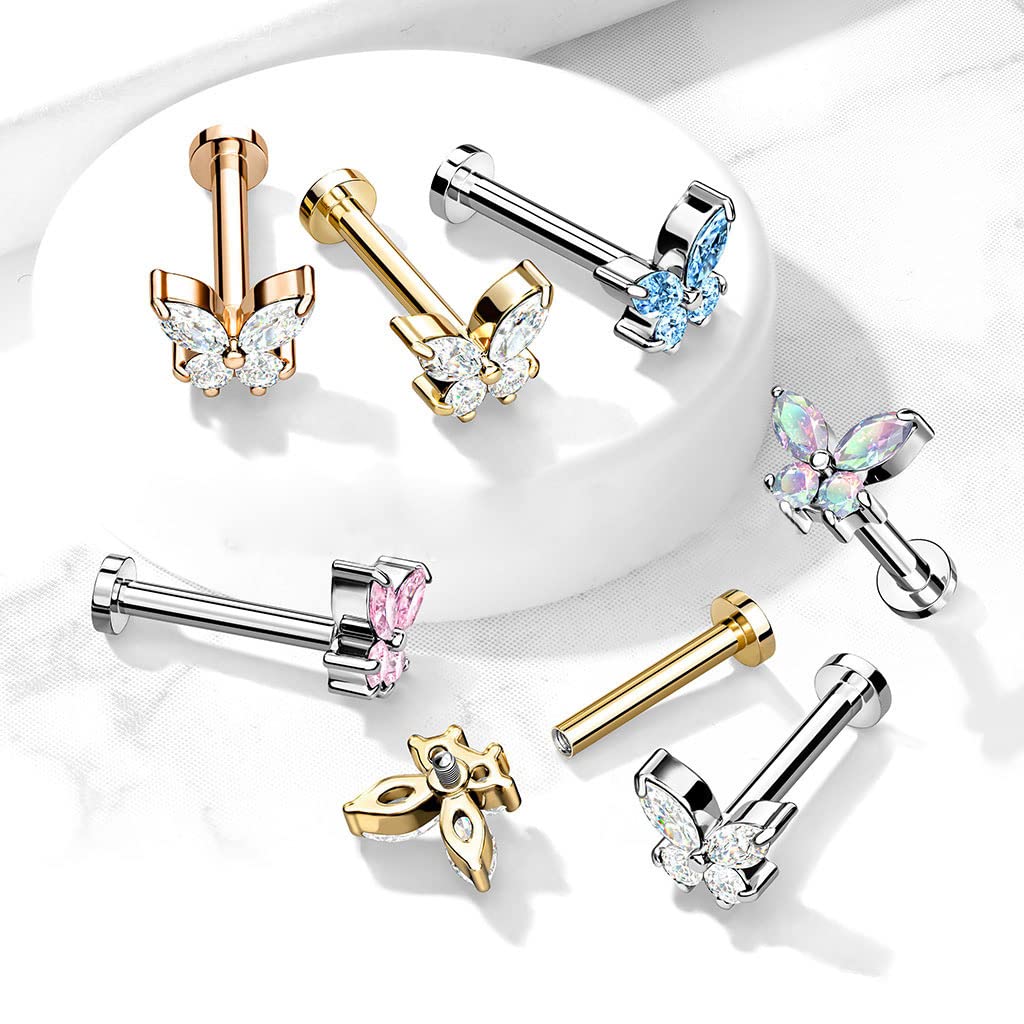 Izpack Butterfly 361L Surgical Stainless Steel Labret Monroe Piercing Studs for Women Men Crystal Cubic Zirconia Tragus Cartilage Nose Helix Stud Earring Dainty Body Jewelry 16G (Colorful CZ)