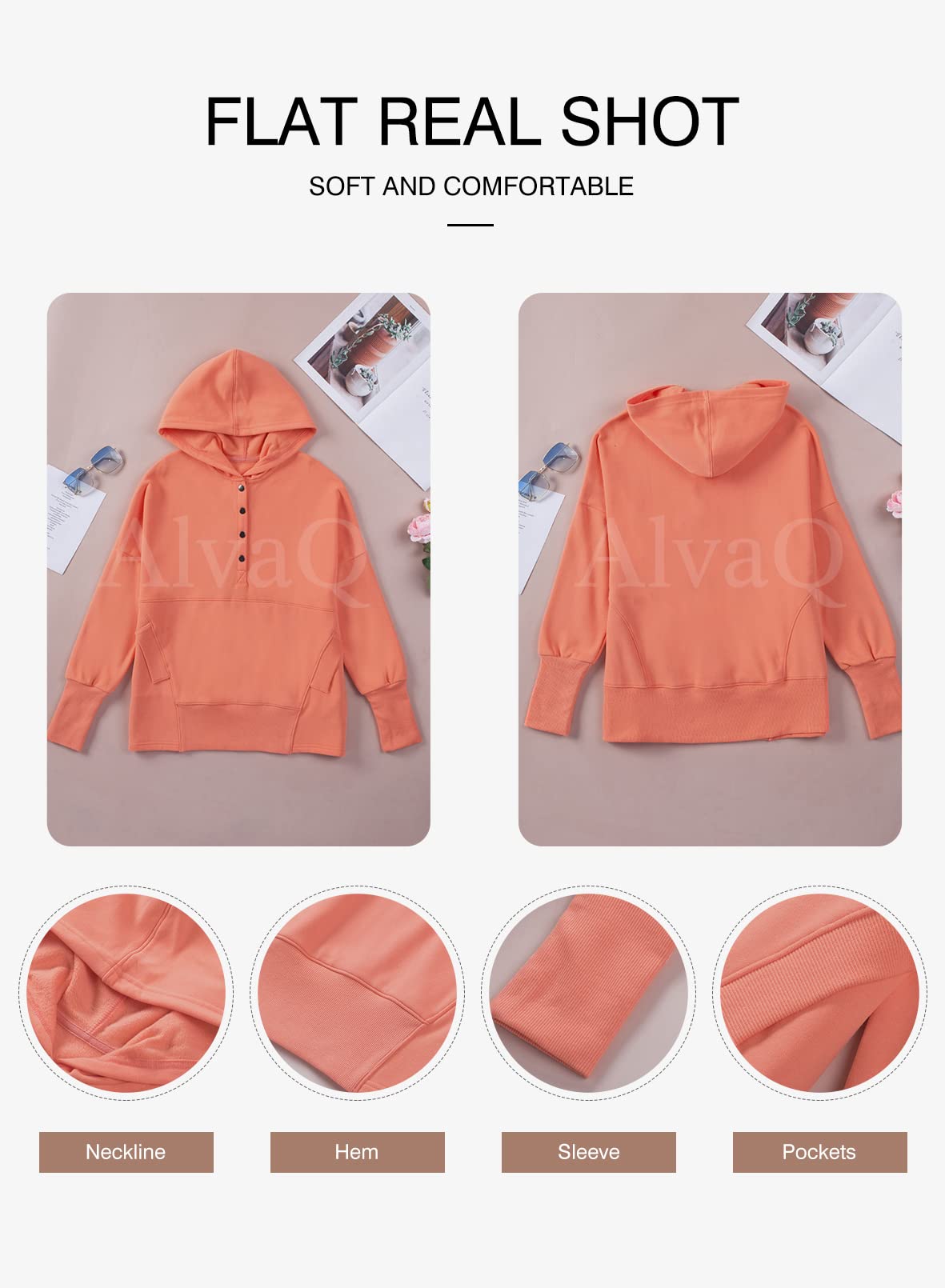 AlavQ Fall Long Sleeve V Neck Pullover Hoodies Sweatshirt With Pockets For Women Tops with Pocket Plus Size Clothing Orange 1X