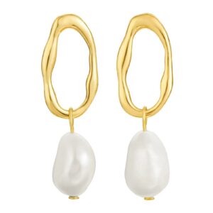 specci 18k gold plated pearl dangle earrings, baroque pearl drop earrings, trendy pearl dangle hoop earrings for women girls