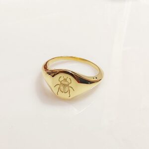 Sterling Silver Ring Engraved Beetle Ring Insect Ring Scarab Ring Signet Ring (Gold, 7)