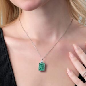 Gem Stone King 925 Sterling Silver Green Malachite and White Moissanite Pendant Necklace For Women (18.23 Cttw, Emerald Cut 18X13MM, With 18 Inch Silver Chain)