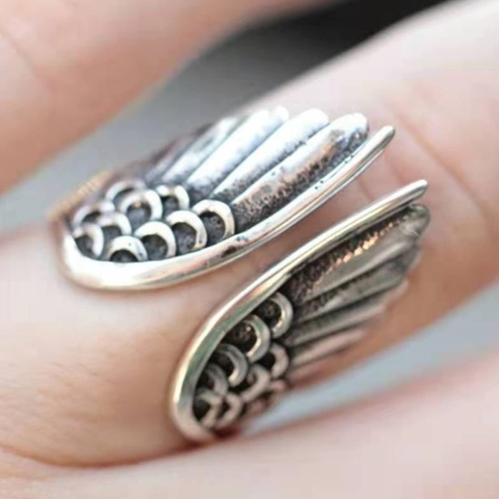 Bulky Rings Jewelry Acrylic Rings for Women Adjustable Stainless Steel Ring Feather Angel Thumb Ring for Women Gold Om Rings for Women (Silver, One Size)