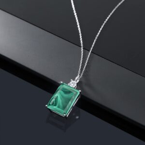 Gem Stone King 925 Sterling Silver Green Malachite and White Moissanite Pendant Necklace For Women (18.23 Cttw, Emerald Cut 18X13MM, With 18 Inch Silver Chain)