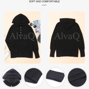 AlvaQ Womens Hoodies Lightweight V Neck Button Down Sweatshirts Ribbed Long Sleeve Sweat Shirts Loose Fit Pullover Tops Black Large