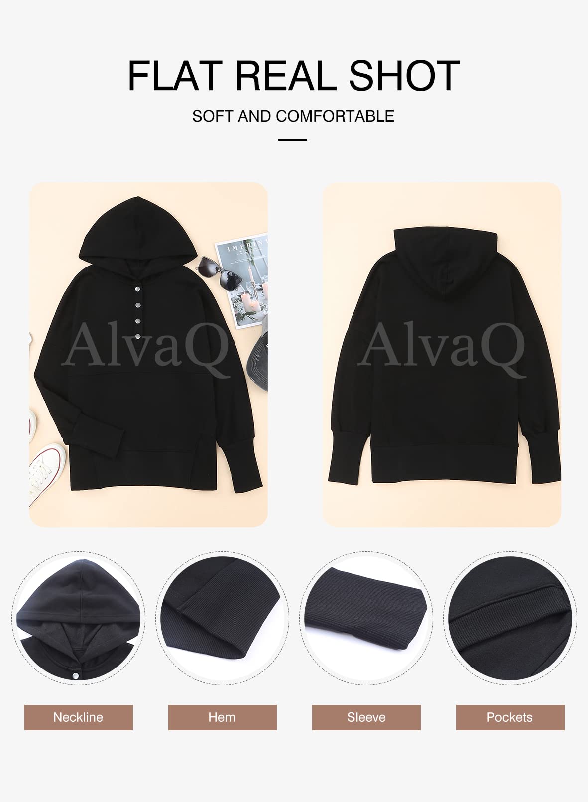 AlvaQ Womens Hoodies Lightweight V Neck Button Down Sweatshirts Ribbed Long Sleeve Sweat Shirts Loose Fit Pullover Tops Black Large