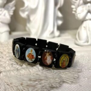 Fnjuucw 4pcs Wooden Jesus Bracelet Saints Rosary, Stretchable Wooden Small Panel Bracelet, with Images of Religious Saints Jesus Gift for Men & Women