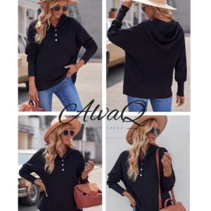 AlvaQ Womens Hoodies Lightweight V Neck Button Down Sweatshirts Ribbed Long Sleeve Sweat Shirts Loose Fit Pullover Tops Black Large