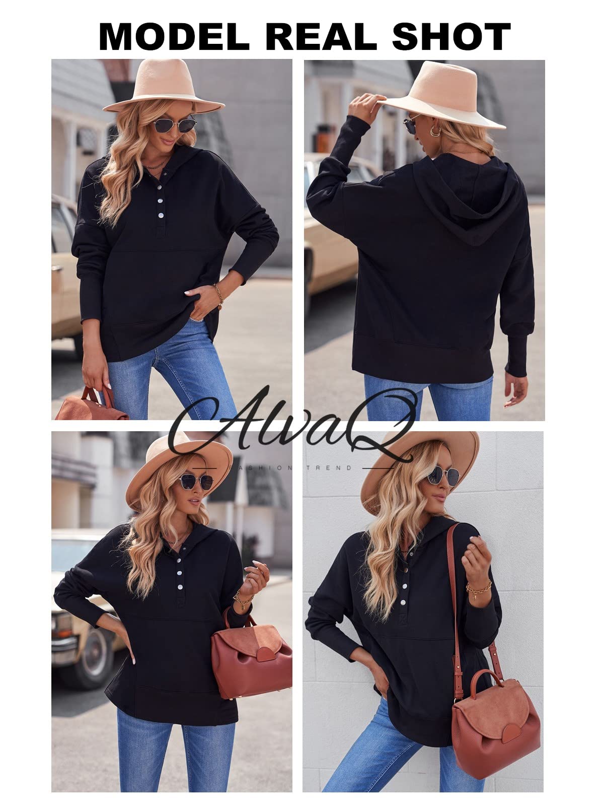 AlvaQ Womens Hoodies Lightweight V Neck Button Down Sweatshirts Ribbed Long Sleeve Sweat Shirts Loose Fit Pullover Tops Black Large