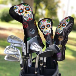 Montela Golf Club Covers,Colorful Skeleton Putter Cover Driver Covers Fairway Wood Headcover Hybrid Cover Leather Blade Putter Headcover Mallet for Brand