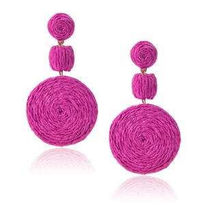 boho raffia ball earrings for women, statement raffia round drop earrings - summer beach vacation jewelry (b-hot pink)