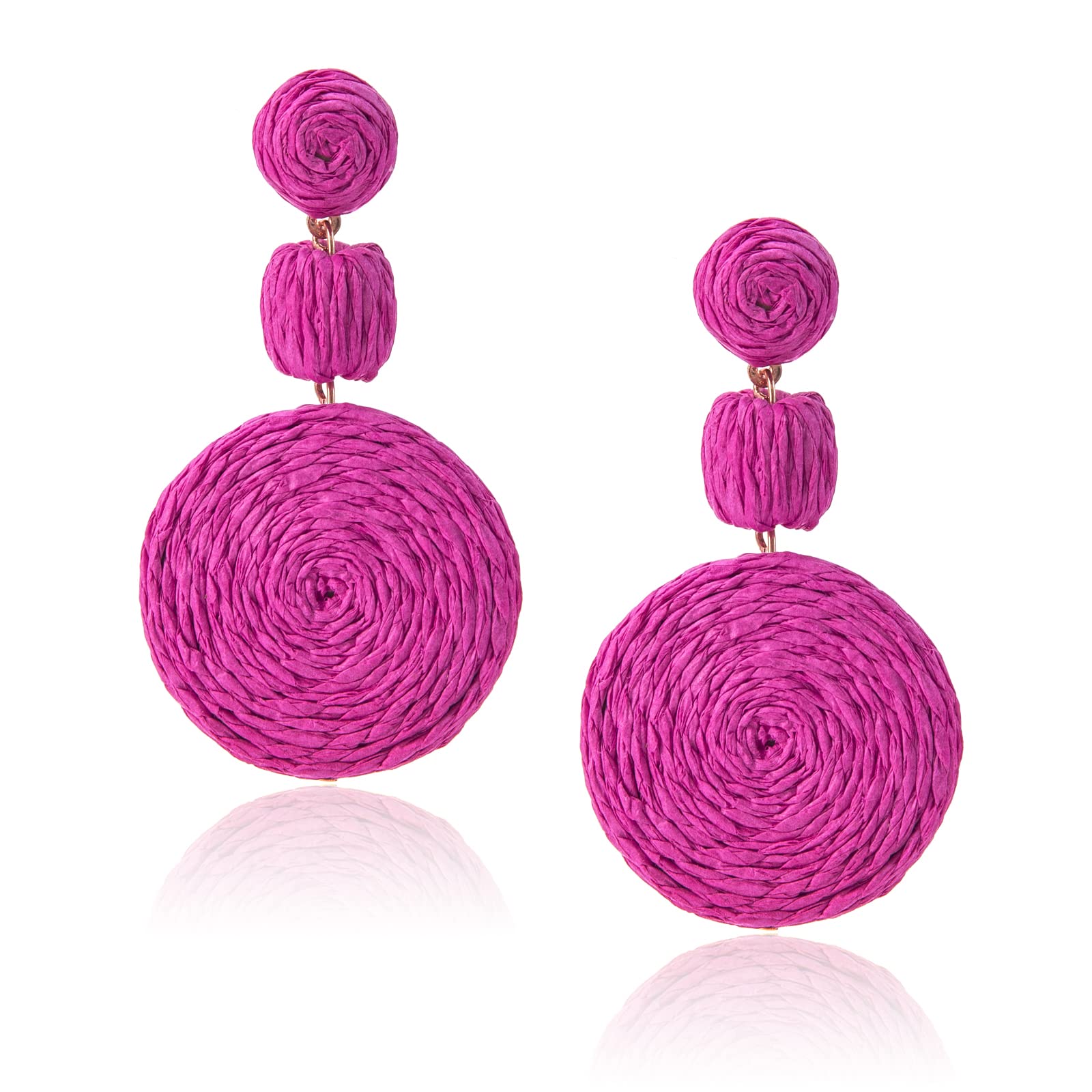 Boho Raffia Ball Earrings for Women, Statement Raffia Round Drop Earrings - Summer Beach Vacation Jewelry (B-HOT PINK)