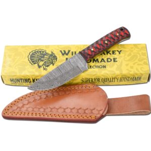 Wild Turkey Handmade Damascus Steel Collection Full Tang Fixed Blade Knife w/Leather Sheath Outdoors Hunting Camping Fishing (3328)