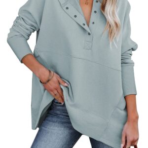 AlvaQ Womens Oversized Half Button Hoodie Sweatshirt Casual Ribbed Long Sleeves Pullover Tunic Top Fashion 2024 Gray Large