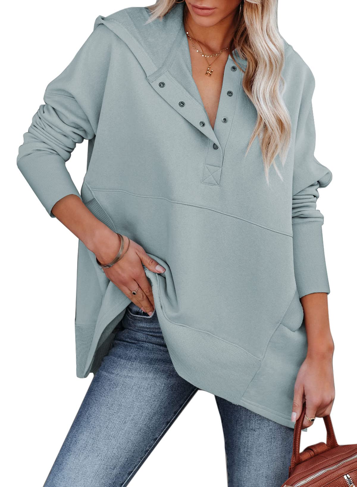 AlvaQ Womens Oversized Half Button Hoodie Sweatshirt Casual Ribbed Long Sleeves Pullover Tunic Top Fashion 2024 Gray Large