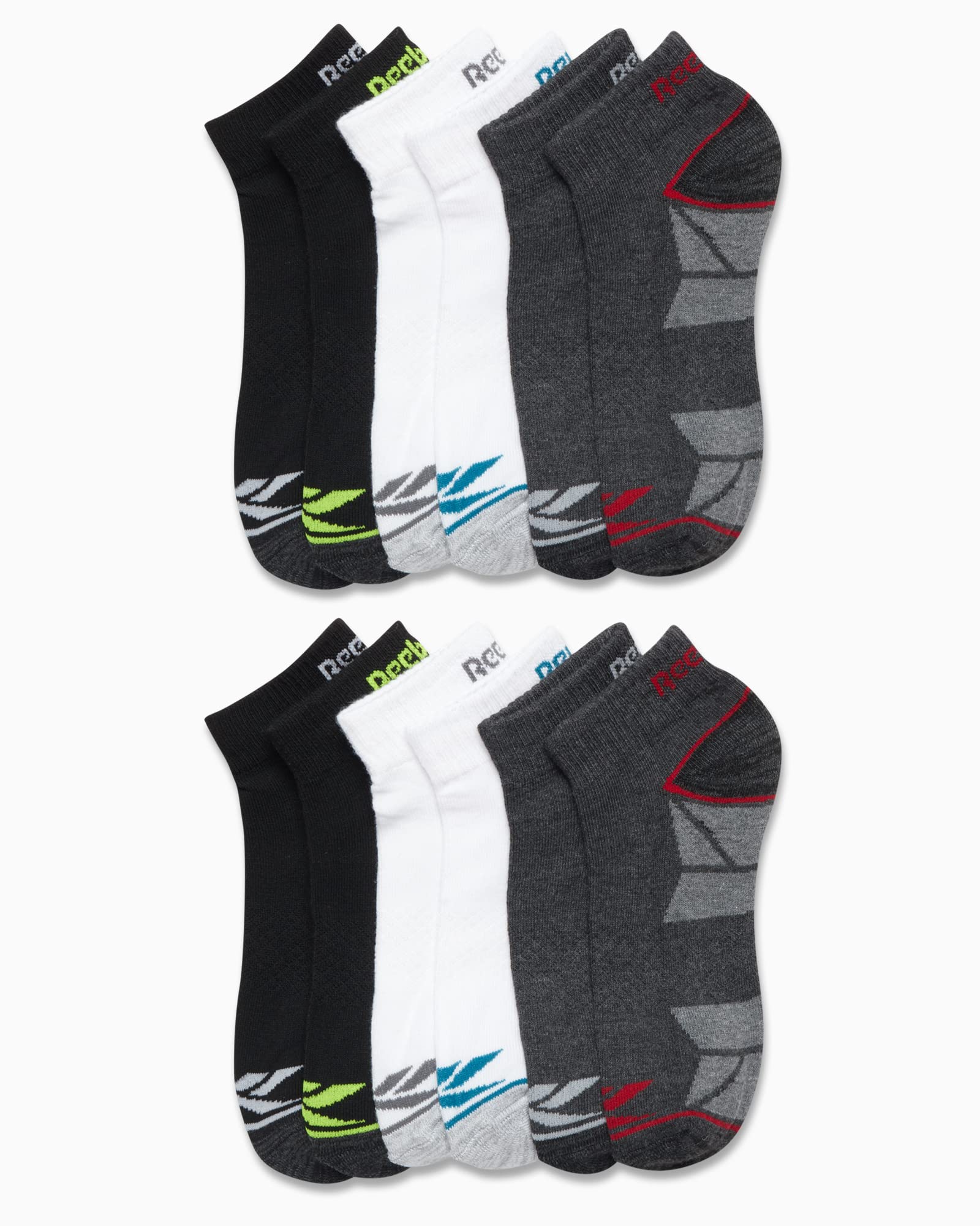 Reebok Boys' Quarter Socks - 12 Pack Stretch Performance Quarter Cut Arch Support Socks - Cushioned Athletic Socks for Boys, Size Large, Black/White/Grey Assortment