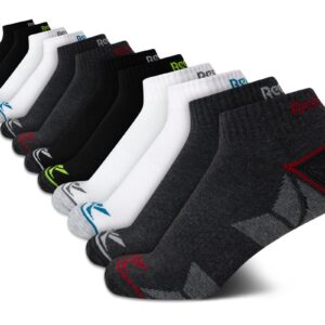 Reebok Boys' Quarter Socks - 12 Pack Stretch Performance Quarter Cut Arch Support Socks - Cushioned Athletic Socks for Boys, Size Large, Black/White/Grey Assortment