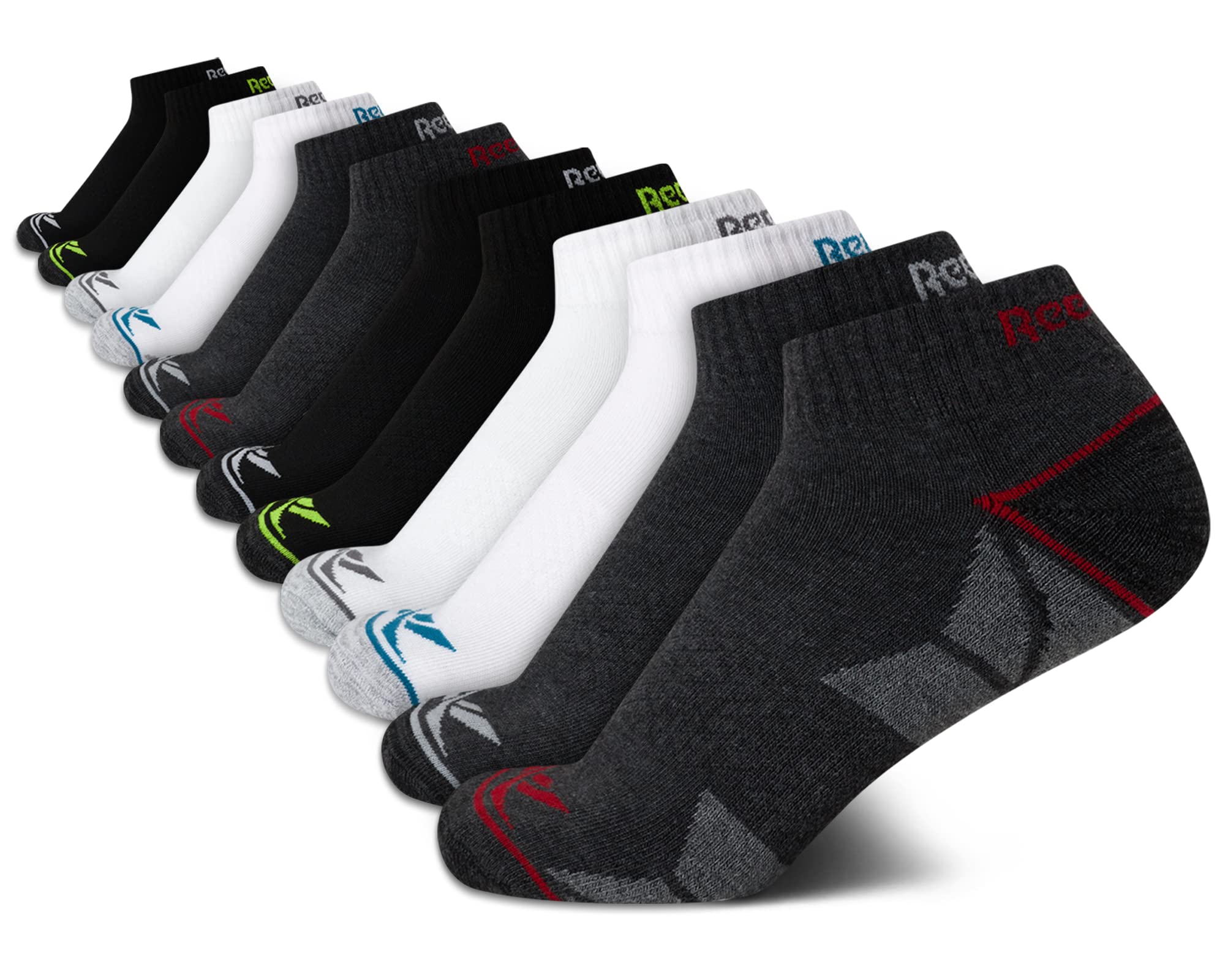 Reebok Boys' Quarter Socks - 12 Pack Stretch Performance Quarter Cut Arch Support Socks - Cushioned Athletic Socks for Boys, Size Large, Black/White/Grey Assortment