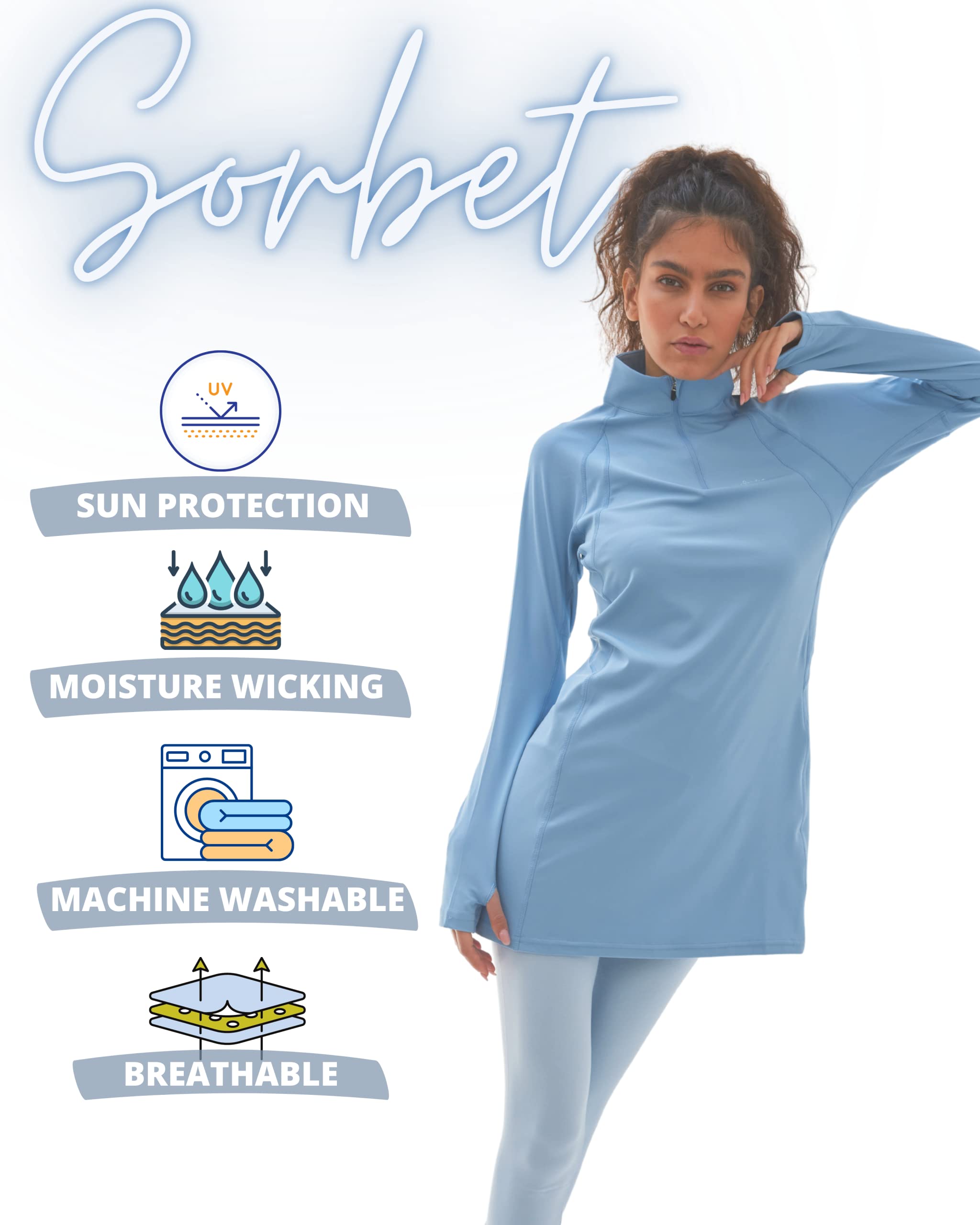 Sorbet Womens Long Sleeve Tops - Lightweight Women's UPF 50+ SPF Shirts for Women Long Sleeve - Athletic 1/4 Zip Pullover Women- Sun Protection Shirts for Hiking, Fishing, and Yoga Tunic Tops, Large