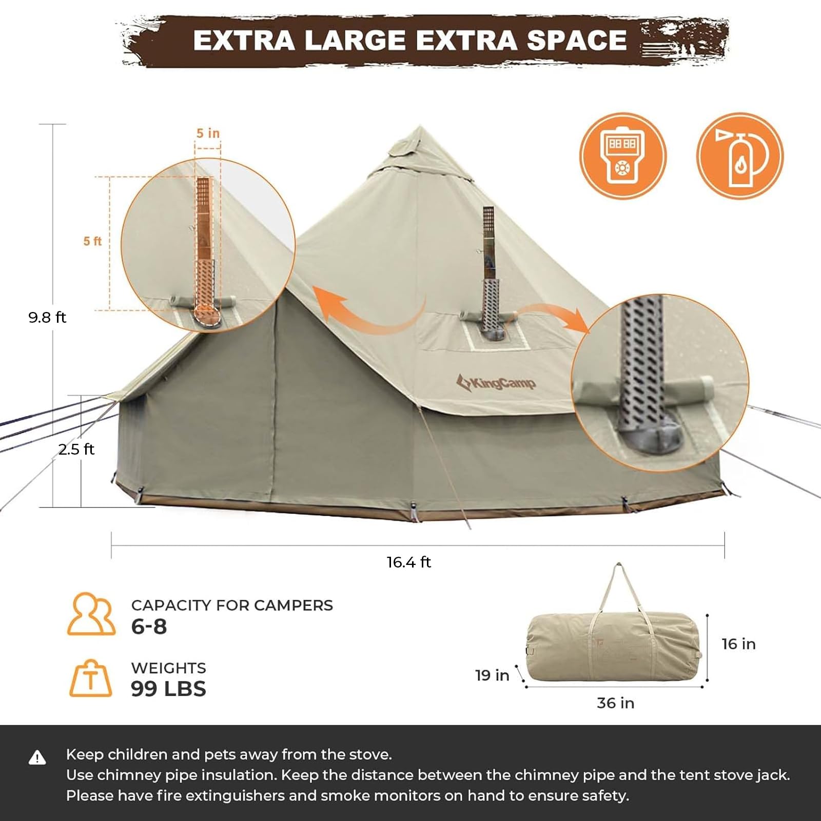 KingCamp Canvas Bell Tent for Camping, 4 Seasons 13.2ft/16.4ft Camping Yurt Tent, w/Stove Jacks, Luxury Glamping Waterproof and Breathable Tents for Family Camping Outdoor Hunting Party