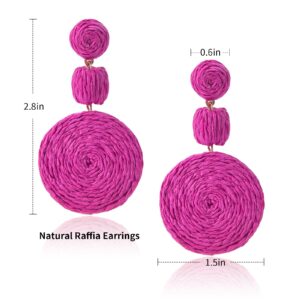 Boho Raffia Ball Earrings for Women, Statement Raffia Round Drop Earrings - Summer Beach Vacation Jewelry (B-HOT PINK)