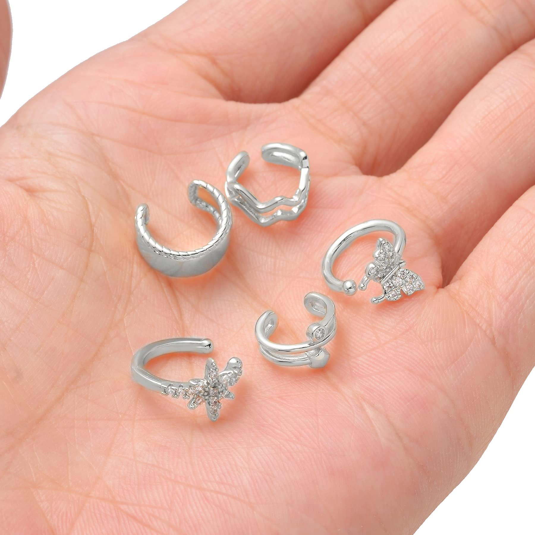 Tornito 17Pcs Ear Cuffs Chain Earrings Snake Butterfly Leaf Non Piercing Clip on Earring Fake Helix Cartilage Earrings Ear Clip Jewelry Silver Tone