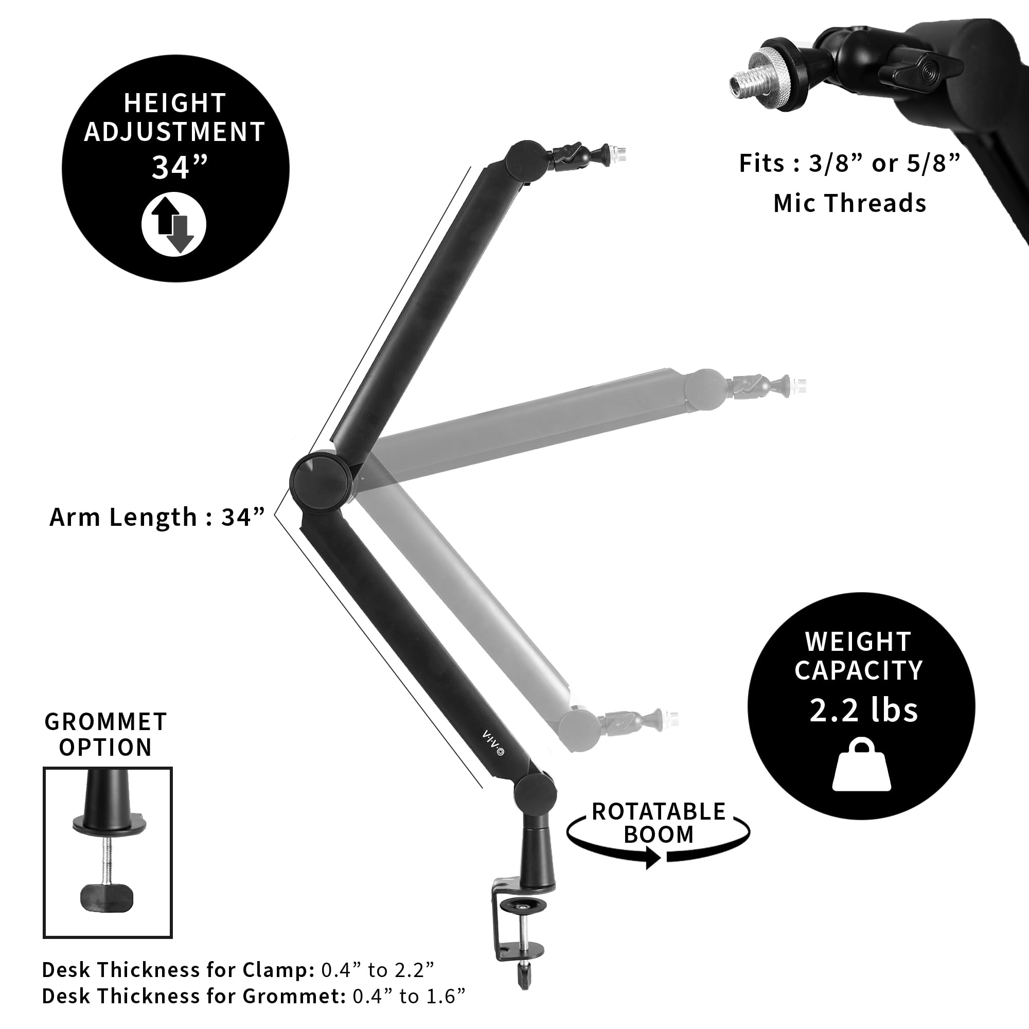 VIVO Premium Broadcast/Podcast Microphone Boom Arm Stand with 3/8 and 5/8 inch Screw Adapter, Heavy Duty Desk Mount, Professional Mic Stand with 360 Rotation, Black, STAND-MIC02