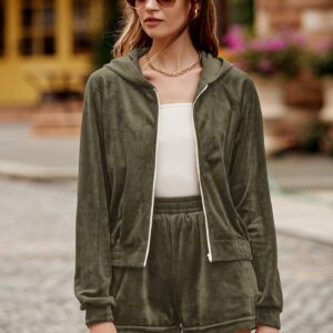 PRETTYGARDEN Women's 2 Piece Velour Tracksuit Casual Long Sleeve Zip Up Hoodie And Shorts Set Jogger Outfits (Army Green,Large)