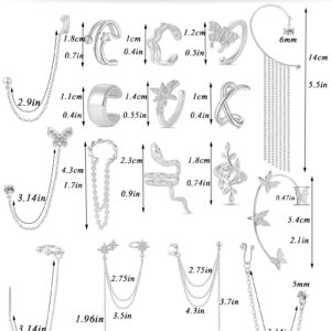 Tornito 17Pcs Ear Cuffs Chain Earrings Snake Butterfly Leaf Non Piercing Clip on Earring Fake Helix Cartilage Earrings Ear Clip Jewelry Silver Tone