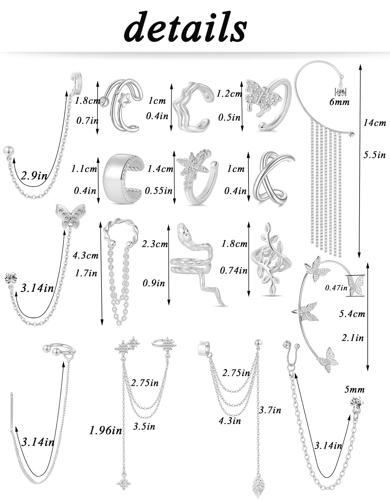 Tornito 17Pcs Ear Cuffs Chain Earrings Snake Butterfly Leaf Non Piercing Clip on Earring Fake Helix Cartilage Earrings Ear Clip Jewelry Silver Tone