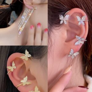 Tornito 17Pcs Ear Cuffs Chain Earrings Snake Butterfly Leaf Non Piercing Clip on Earring Fake Helix Cartilage Earrings Ear Clip Jewelry Silver Tone