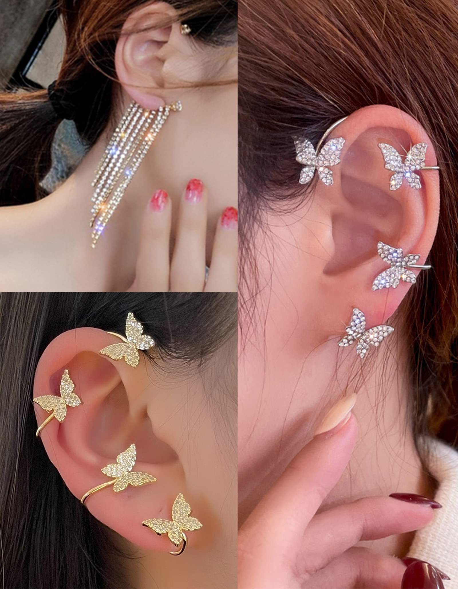 Tornito 17Pcs Ear Cuffs Chain Earrings Snake Butterfly Leaf Non Piercing Clip on Earring Fake Helix Cartilage Earrings Ear Clip Jewelry Silver Tone