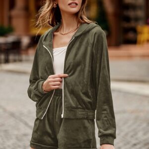 PRETTYGARDEN Women's 2 Piece Velour Tracksuit Casual Long Sleeve Zip Up Hoodie And Shorts Set Jogger Outfits (Army Green,Large)