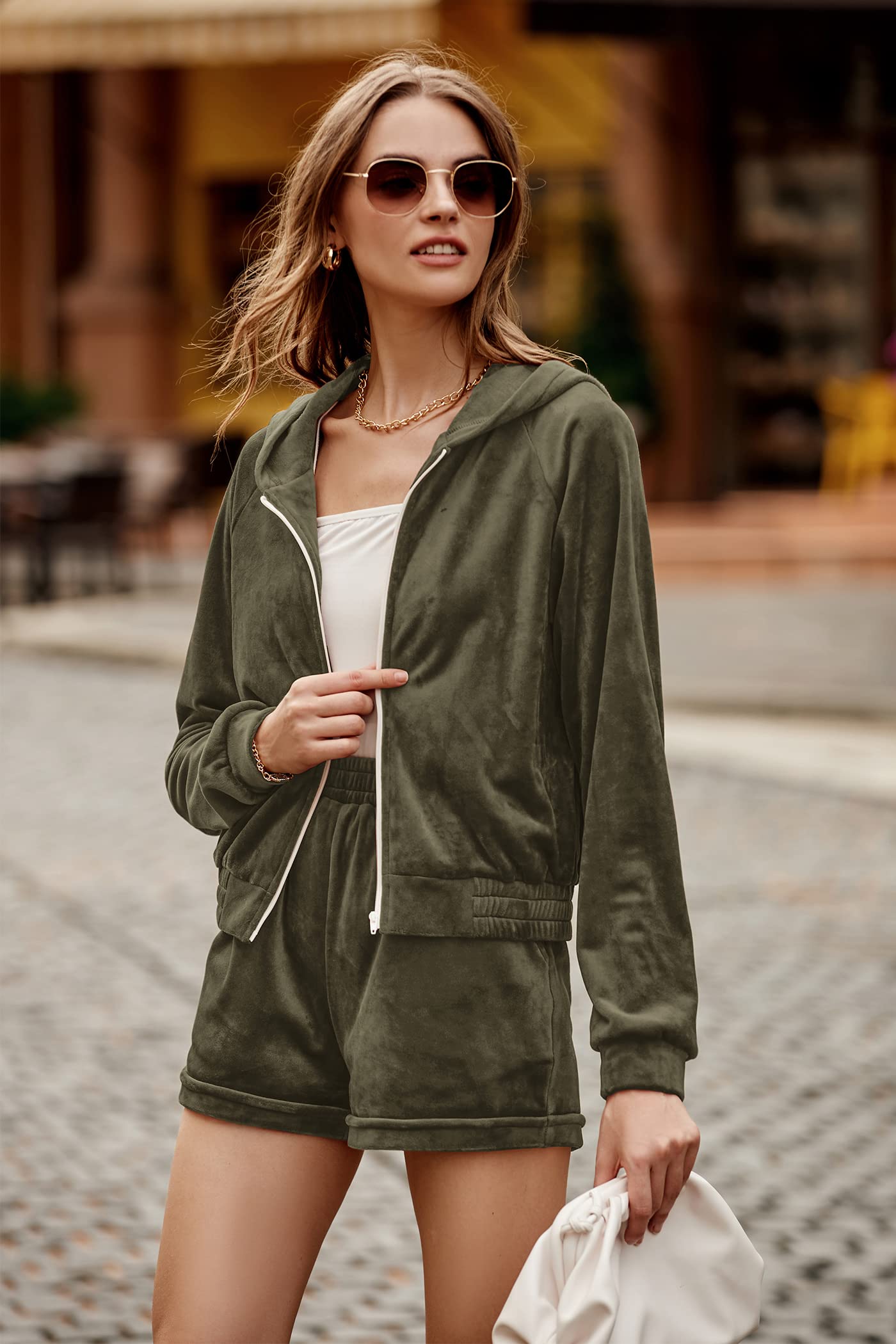 PRETTYGARDEN Women's 2 Piece Velour Tracksuit Casual Long Sleeve Zip Up Hoodie And Shorts Set Jogger Outfits (Army Green,Large)