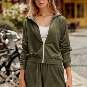 PRETTYGARDEN Women's 2 Piece Velour Tracksuit Casual Long Sleeve Zip Up Hoodie And Shorts Set Jogger Outfits (Army Green,Large)