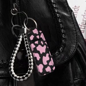 FKELYI Black Leopard Wild Animal Cheetah Skin Print Chapstick Holder Keychain Lipstick Sleeve Pouch Lip Balm Portable Pocket Lip Gloss Tube Holder Clip-on Chapsticks Travel Accessories