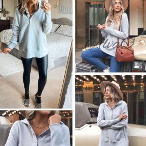 AlvaQ Womens Oversized Half Button Hoodie Sweatshirt Casual Ribbed Long Sleeves Pullover Tunic Top Fashion 2024 Gray Large