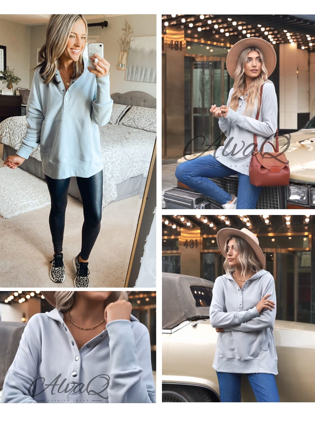 AlvaQ Womens Oversized Half Button Hoodie Sweatshirt Casual Ribbed Long Sleeves Pullover Tunic Top Fashion 2024 Gray Large