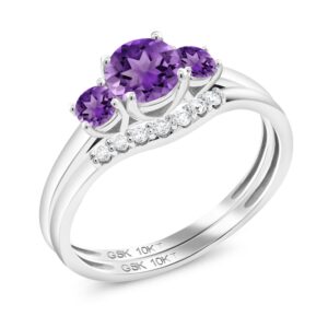 gem stone king 10k white gold purple amethyst and white lab grown diamond engagement ring | 3-stone bridal wedding ring set for women | 0.72 cttw | available in size 5,6,7,8,9