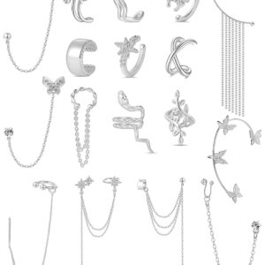 Tornito 17Pcs Ear Cuffs Chain Earrings Snake Butterfly Leaf Non Piercing Clip on Earring Fake Helix Cartilage Earrings Ear Clip Jewelry Silver Tone