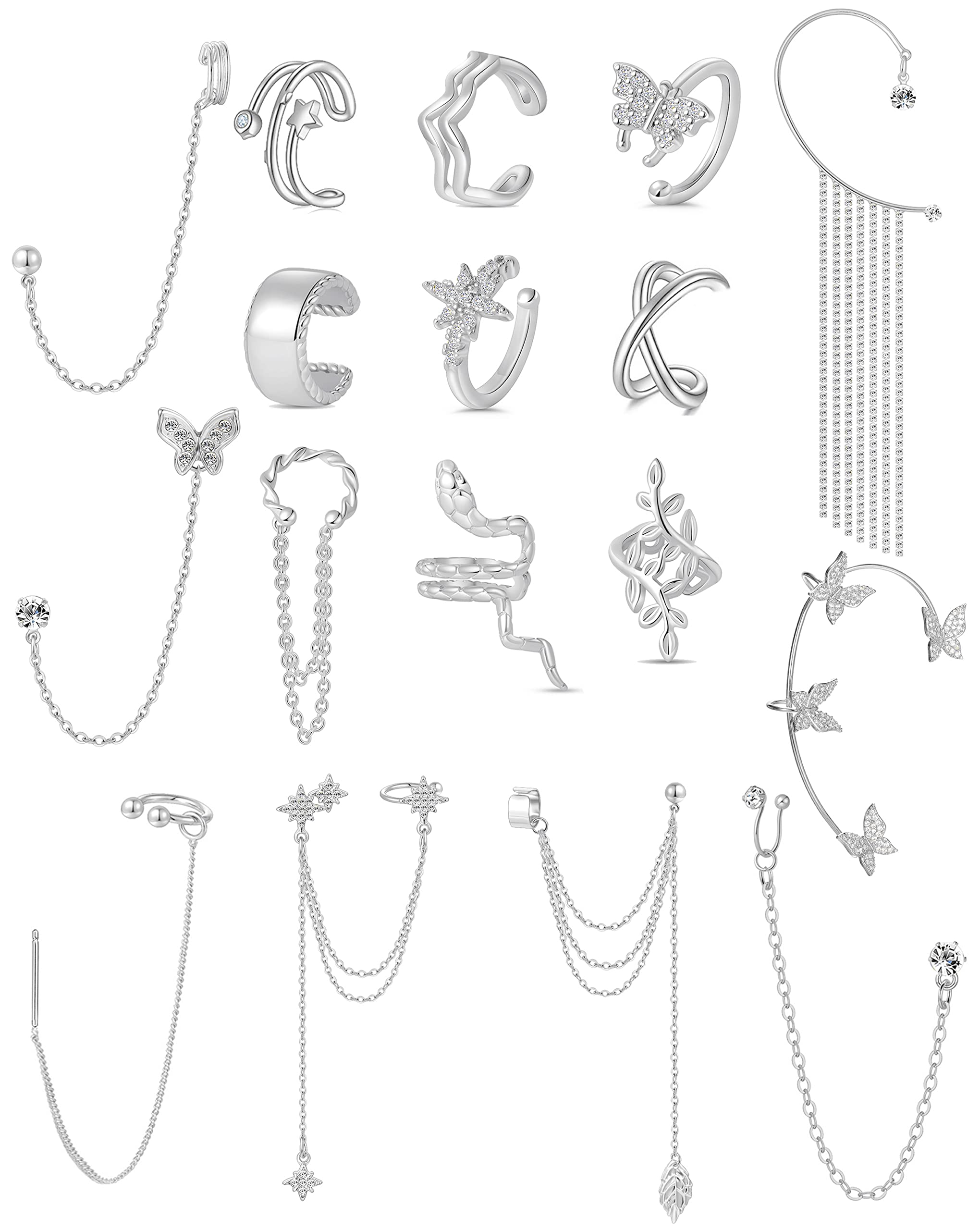 Tornito 17Pcs Ear Cuffs Chain Earrings Snake Butterfly Leaf Non Piercing Clip on Earring Fake Helix Cartilage Earrings Ear Clip Jewelry Silver Tone