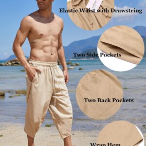 COOFANDY Mens Cotton Linen Baggy Harem Pant Casual Hippie Boho Beach Yoga Wide Leg Capri Pants with Pockets Khaki