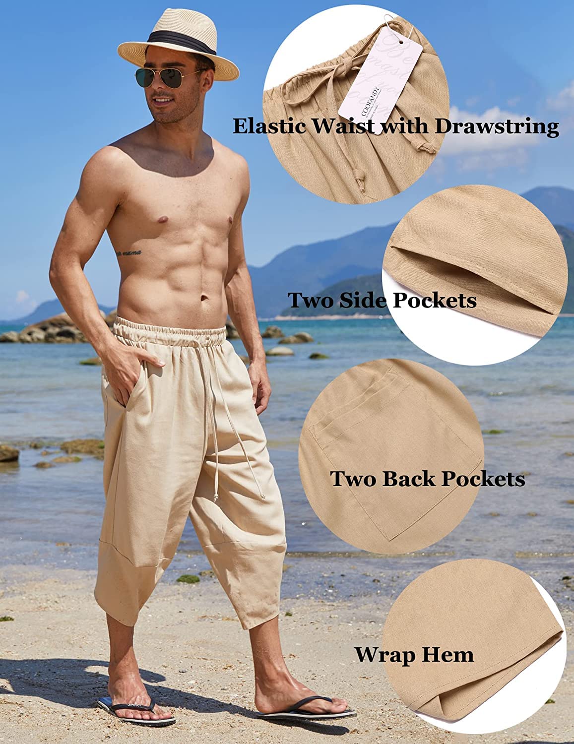 COOFANDY Mens Cotton Linen Baggy Harem Pant Casual Hippie Boho Beach Yoga Wide Leg Capri Pants with Pockets Khaki